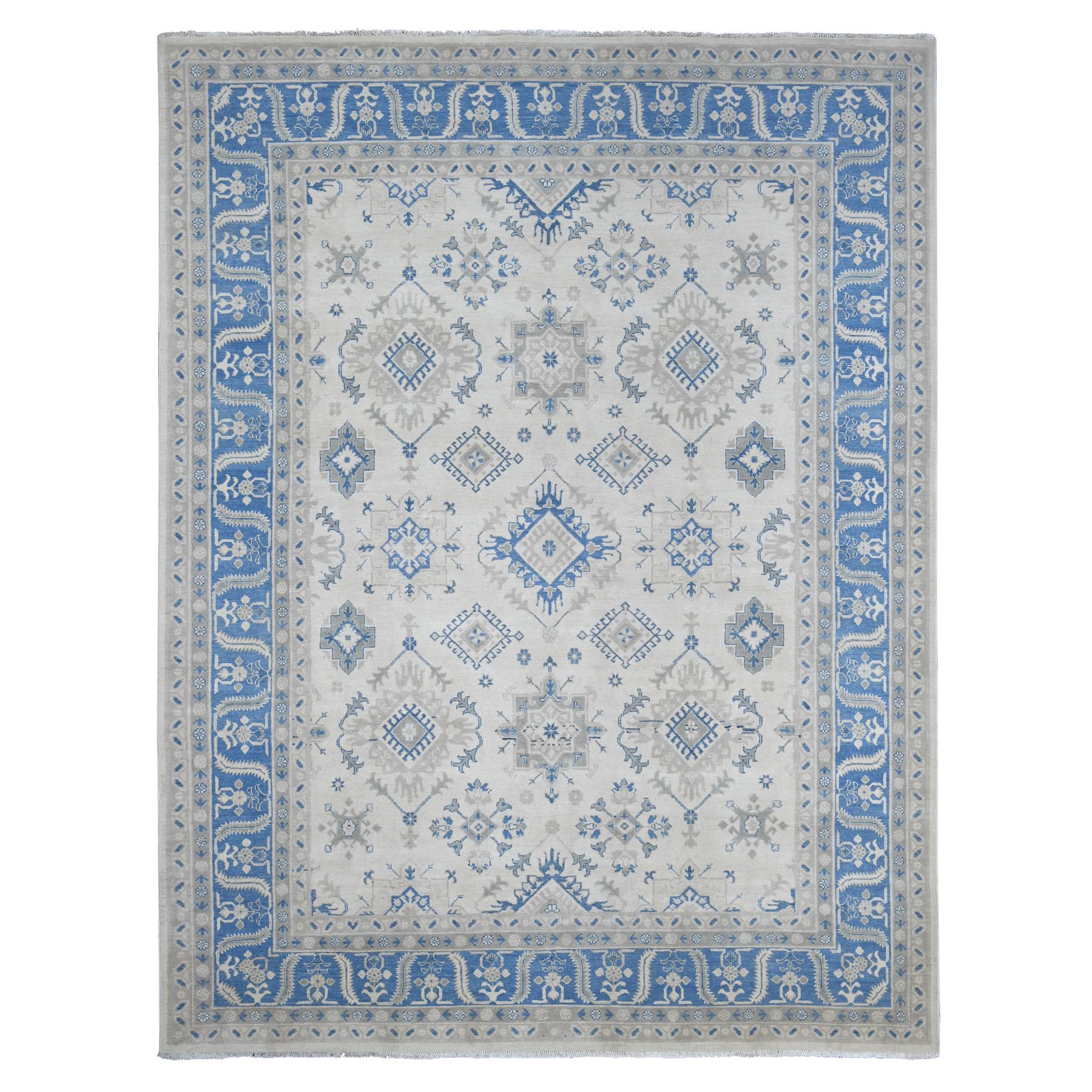 8'8"x11'3" Alabaster White, Hand Knotted, Vintage Look Kazak with All Over Design, 100% Wool, Natural Dyes, Oriental Rug 